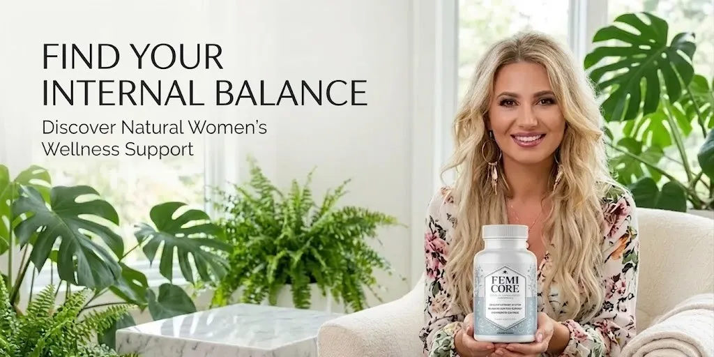 FemiCore natural women's wellness support supplement website hero banner. Features a smiling blonde woman holding a product bottle in a bright home interior setting.
