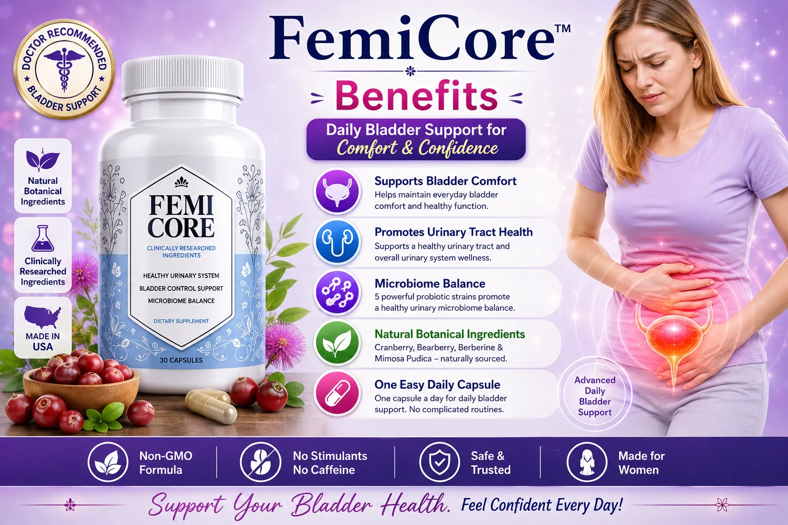 FemiCore doctor recommended bladder support supplement bottle with benefits infographic. Features a woman experiencing urinary discomfort, highlighting natural botanical ingredients for tract health.