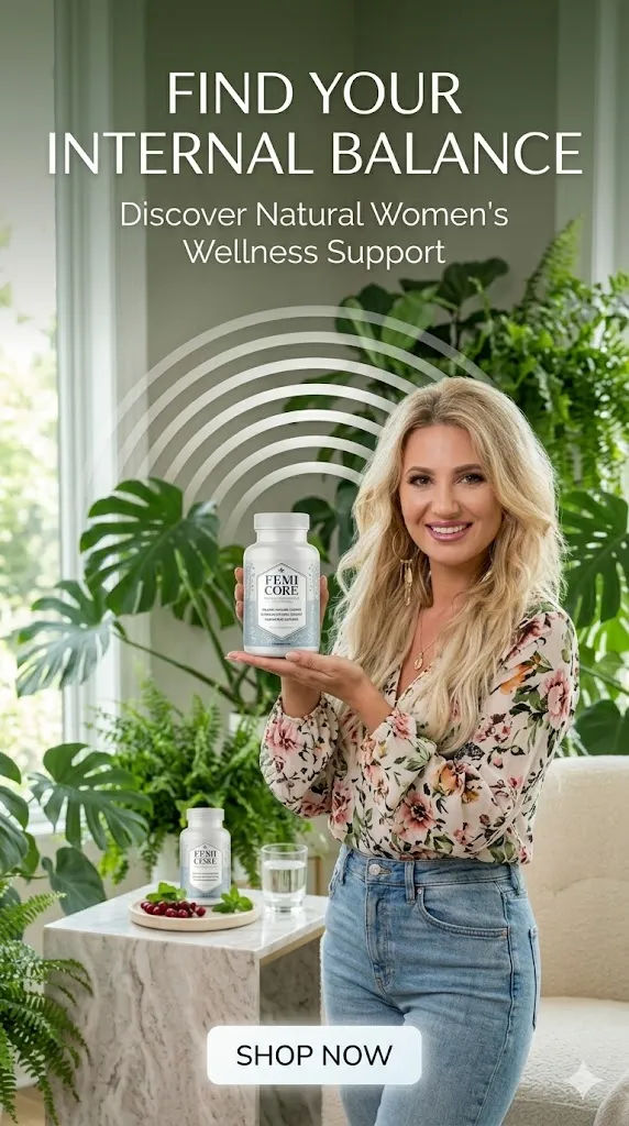 FemiCore natural women's wellness support supplement hero banner. Features a smiling woman holding a product bottle in a bright lifestyle setting with a shop now button.