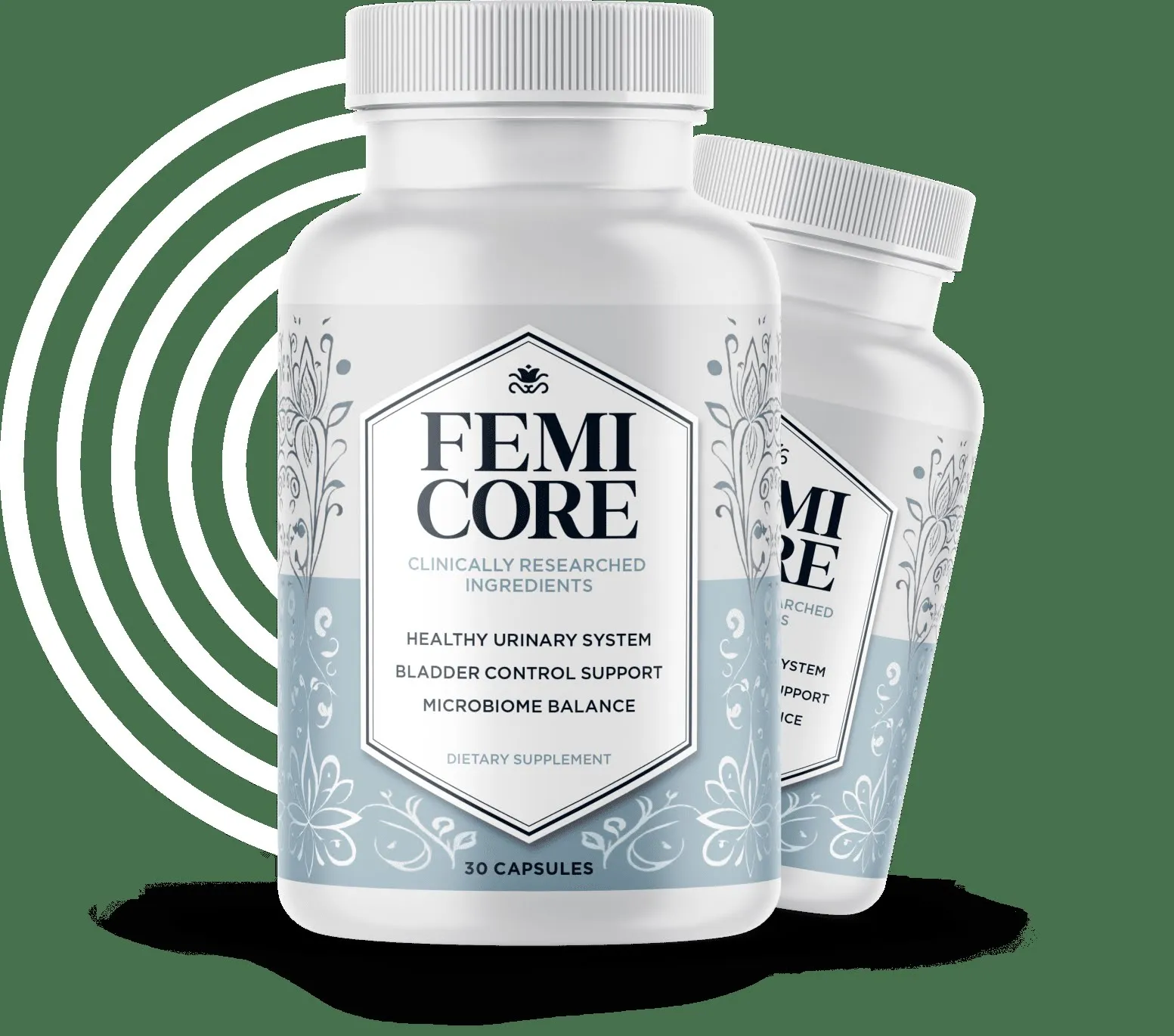 FemiCore bladder control support supplement bottle on a modern marble surface. Premium product display for natural urinary system health and microbiome balance.