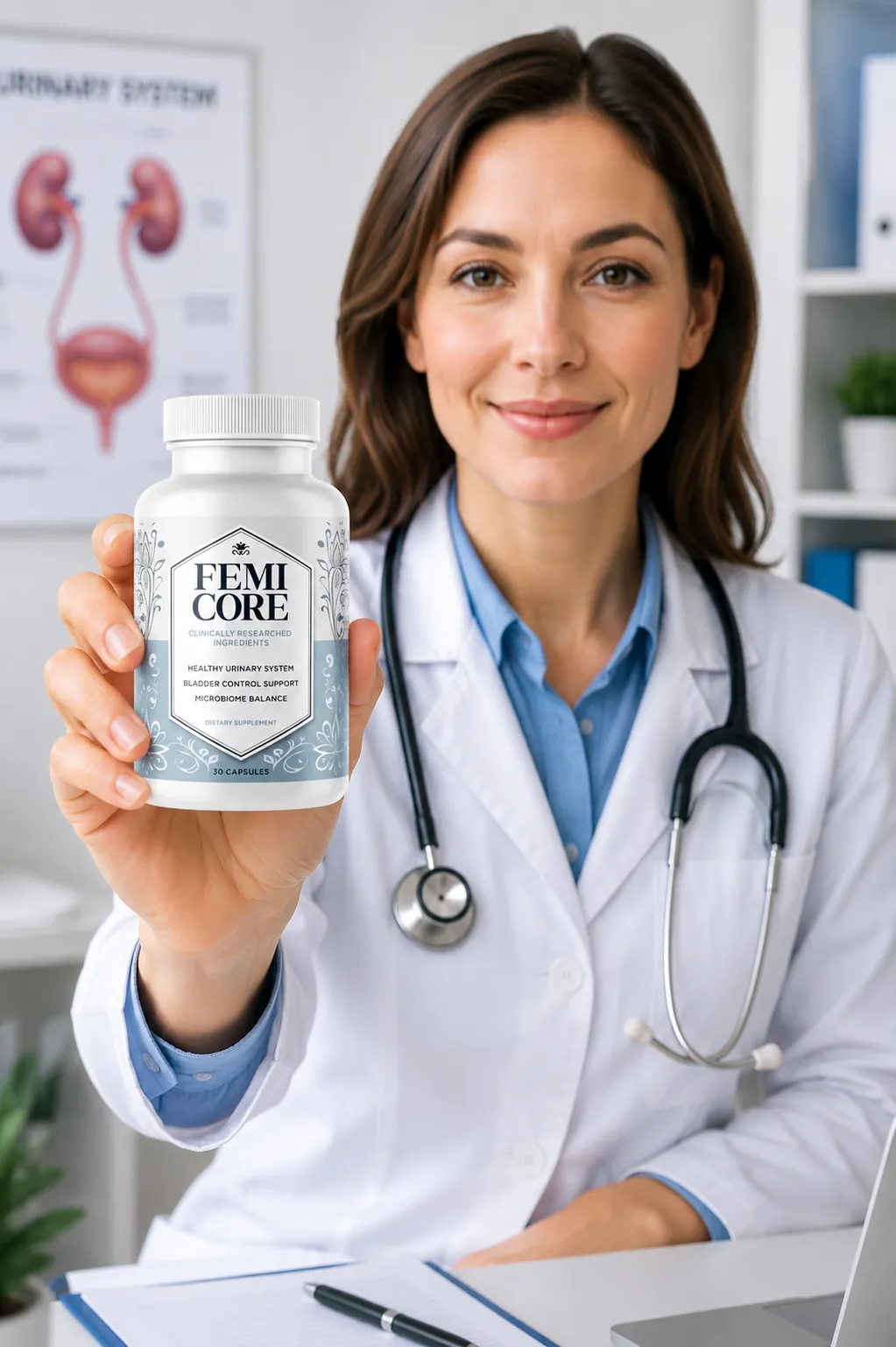 FemiCore bladder control support supplement bottle held by a female doctor in a clinic. Professional medical recommendation for healthy urinary system and microbiome balance.