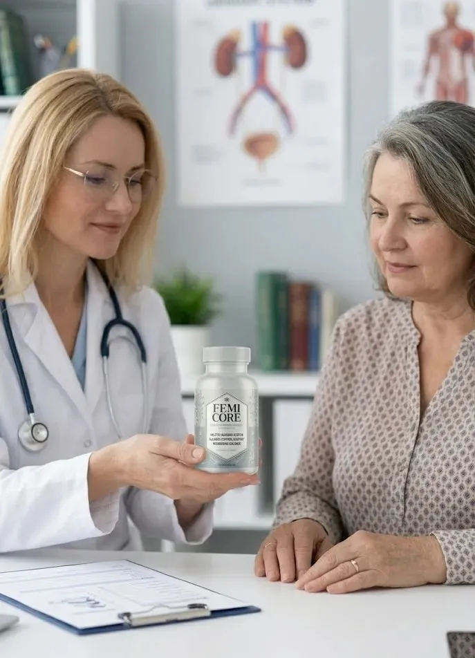 FemiCore bladder support supplement bottle shown by a female doctor to a senior patient during a clinic consultation. Professional medical recommendation for natural urinary wellness.