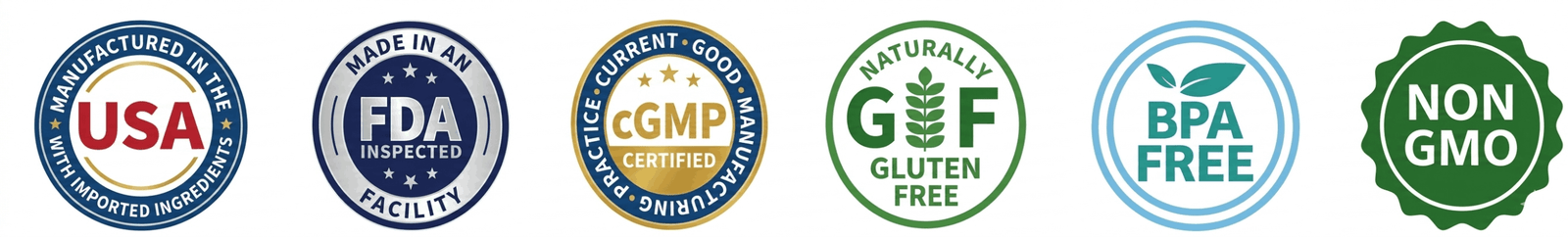 FemiCore USA-made badges: FDA, cGMP, sugar-free, non-GMO