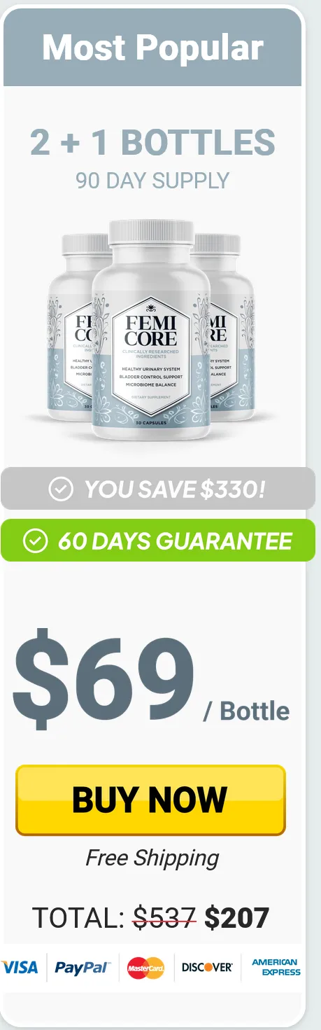 FemiCore bladder health supplement 3 bottle popular bundle deal. 90-day supply for urinary wellness with money-back guarantee and free shipping.