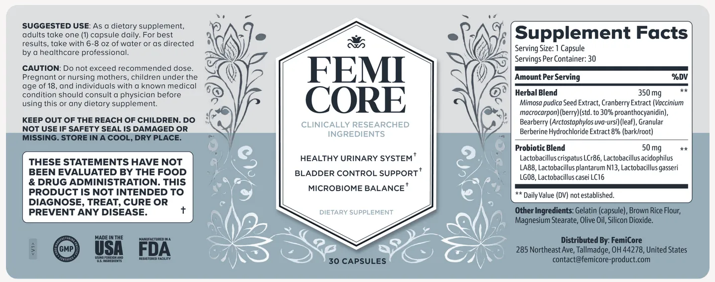 FemiCore bladder support supplement label and supplement facts panel. Highlights clinically researched herbal and probiotic blends for urinary system health and microbiome balance.